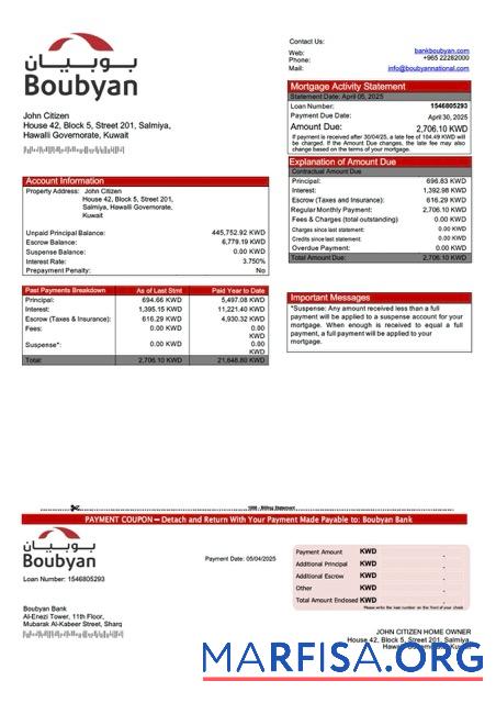 Downloadable Kuwait Boubyan Bank mortgage statement Word and PDF template